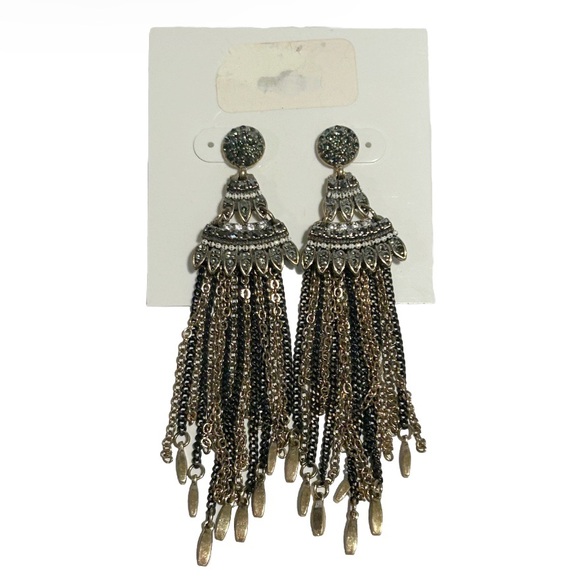 Rhinestone Black and Silver Tone Dangling Chandelier Earrings Statement Sparkly - Picture 3 of 6